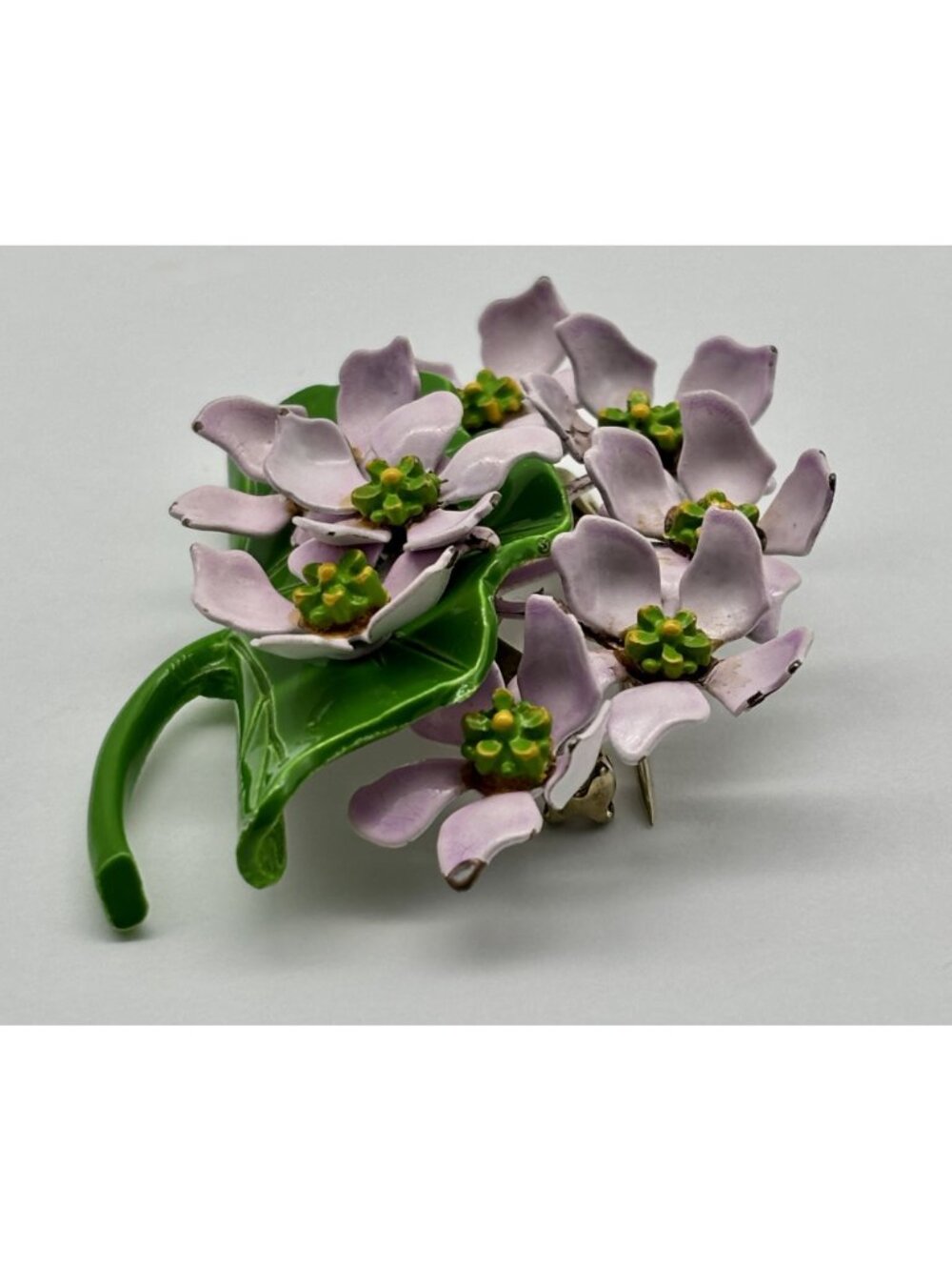 Vintage Enamel Flower Brooch And Clip-On Earrings Dimensional Flowers Pink Green - Picture 9 of 16